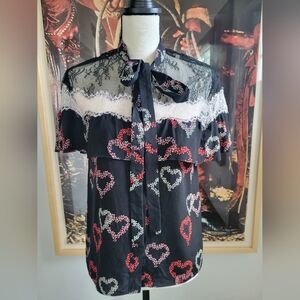 Sandro Silk Flora heart lace ruffle Tilly Top short sleeve romantic black